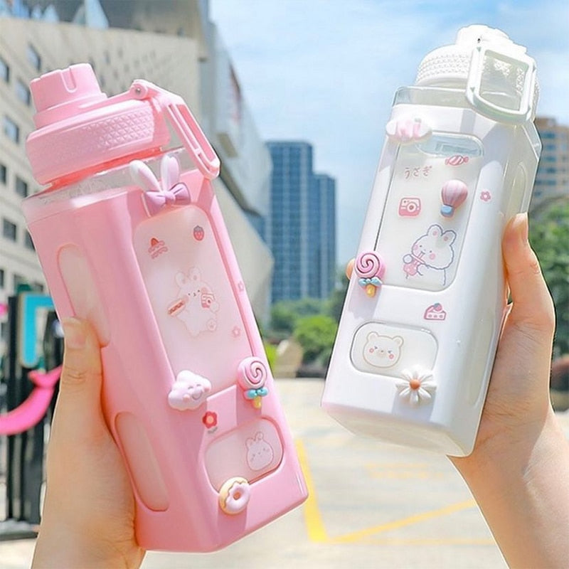 Kawaii Bear White Pink Rectangle Plastic Bottle With 3D Sticker - Kawaiies - Adorable - Cute - Plushies - Plush - Kawaii