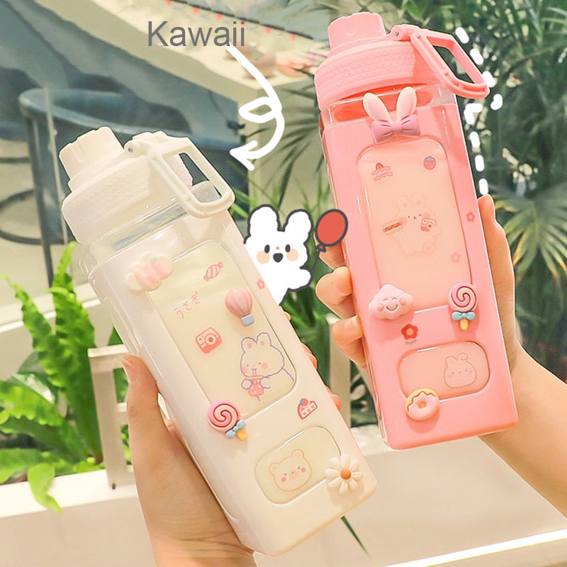 Kawaii Bear White Pink Rectangle Plastic Bottle With 3D Sticker - Kawaiies - Adorable - Cute - Plushies - Plush - Kawaii