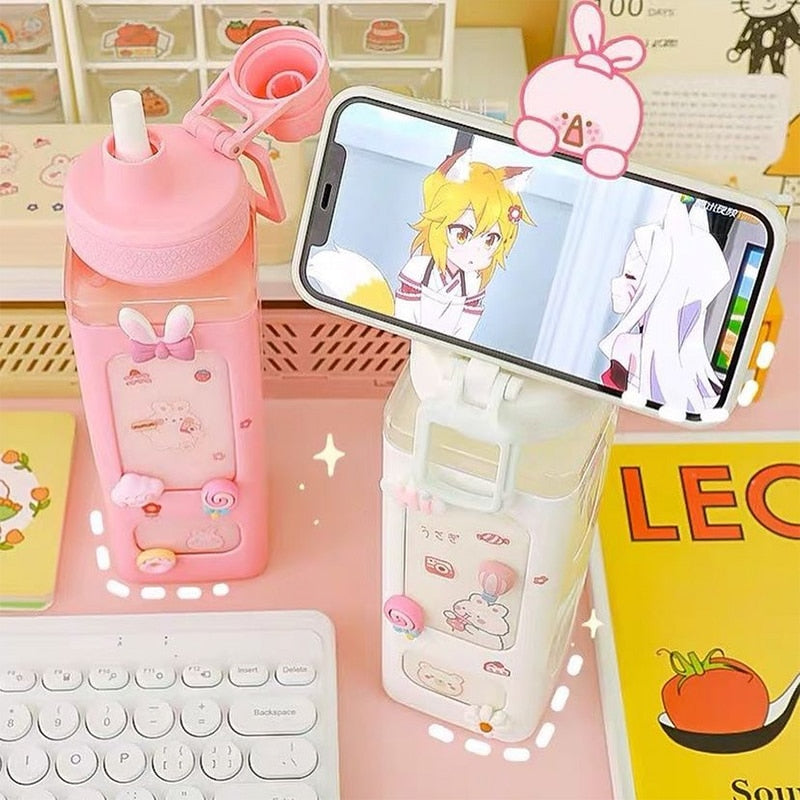 Kawaii Bear White Pink Rectangle Plastic Bottle With 3D Sticker - Kawaiies - Adorable - Cute - Plushies - Plush - Kawaii