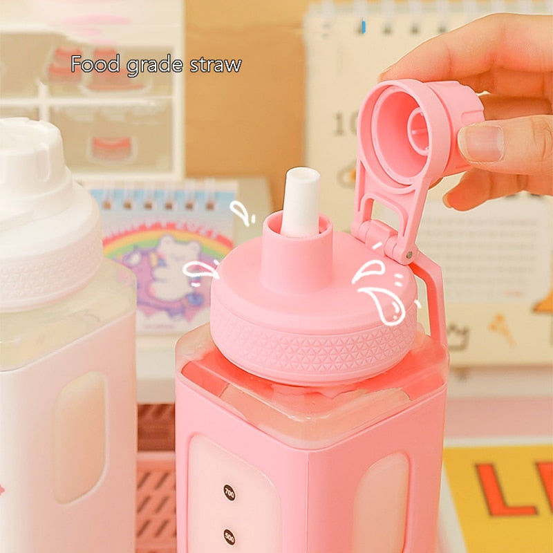 Kawaii Bear White Pink Rectangle Plastic Bottle With 3D Sticker - Kawaiies - Adorable - Cute - Plushies - Plush - Kawaii