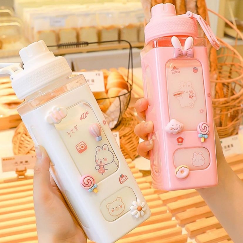 Kawaii Bear White Pink Rectangle Plastic Bottle With 3D Sticker - Kawaiies - Adorable - Cute - Plushies - Plush - Kawaii