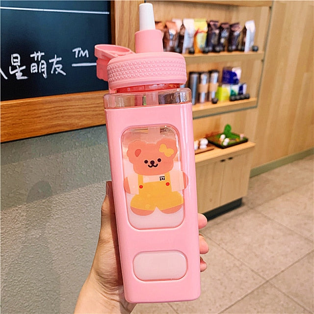 Kawaii Bear White Pink Rectangle Plastic Bottle With 3D Sticker - Kawaiies - Adorable - Cute - Plushies - Plush - Kawaii