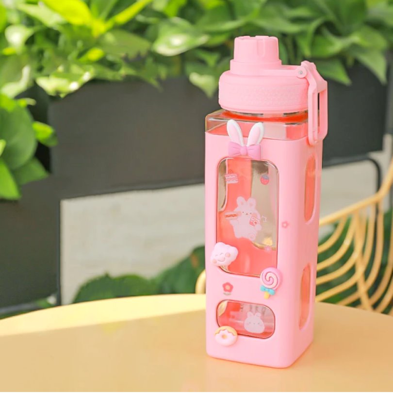 Kawaii Bear White Pink Rectangle Plastic Bottle With 3D Sticker – Kawaiies