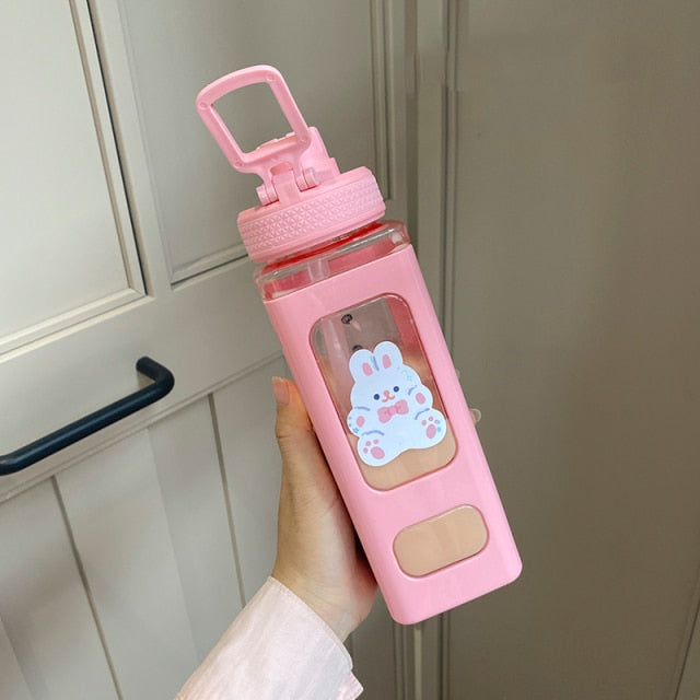 Kawaii Bear White Pink Rectangle Plastic Bottle With 3D Sticker - Kawaiies - Adorable - Cute - Plushies - Plush - Kawaii