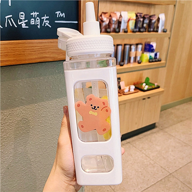 Large Kawaii Girls Water Bottle with Silicone Straw and 3D Stickers Cute  Aesthetic Milk Bottle With