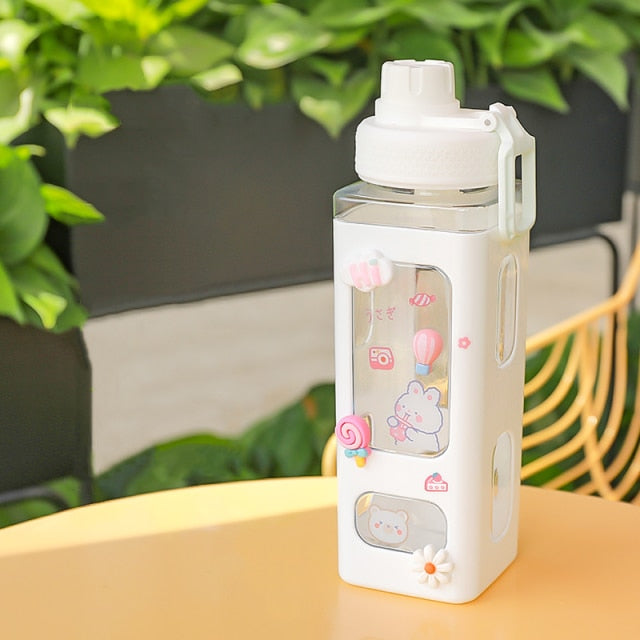 Kawaii Bear White Pink Rectangle Plastic Bottle With 3D Sticker - Kawaiies - Adorable - Cute - Plushies - Plush - Kawaii