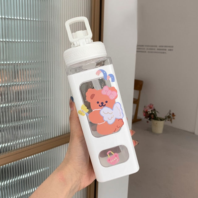 Kawaii Bear White Pink Rectangle Plastic Bottle With 3D Sticker - Kawaiies - Adorable - Cute - Plushies - Plush - Kawaii