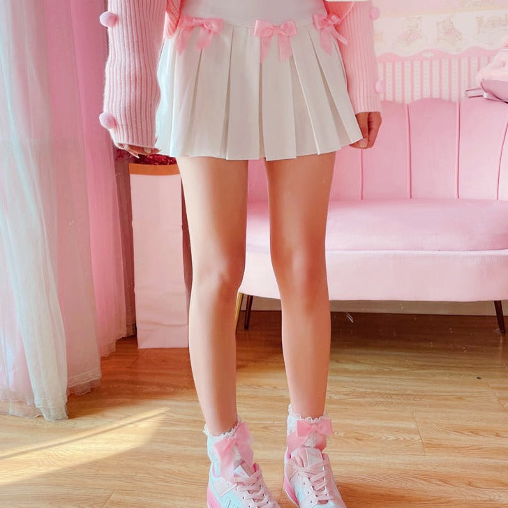 Kawaii Bow White Pleated Mini High-Waist Short Skirt - Kawaiies - Adorable - Cute - Plushies - Plush - Kawaii