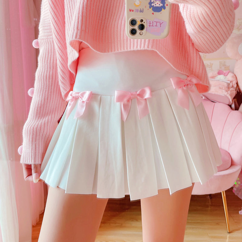 Kawaii Bow White Pleated Mini High-Waist Short Skirt - Kawaiies - Adorable - Cute - Plushies - Plush - Kawaii