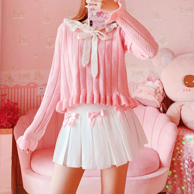 Kawaii Bow White Pleated Mini High-Waist Short Skirt - Kawaiies - Adorable - Cute - Plushies - Plush - Kawaii