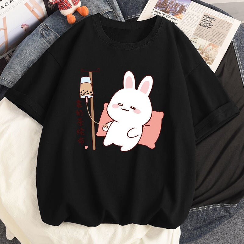 Kawaii Bunny Bubble Tea Drip Cotton Women's Tee - Kawaiies - Adorable - Cute - Plushies - Plush - Kawaii