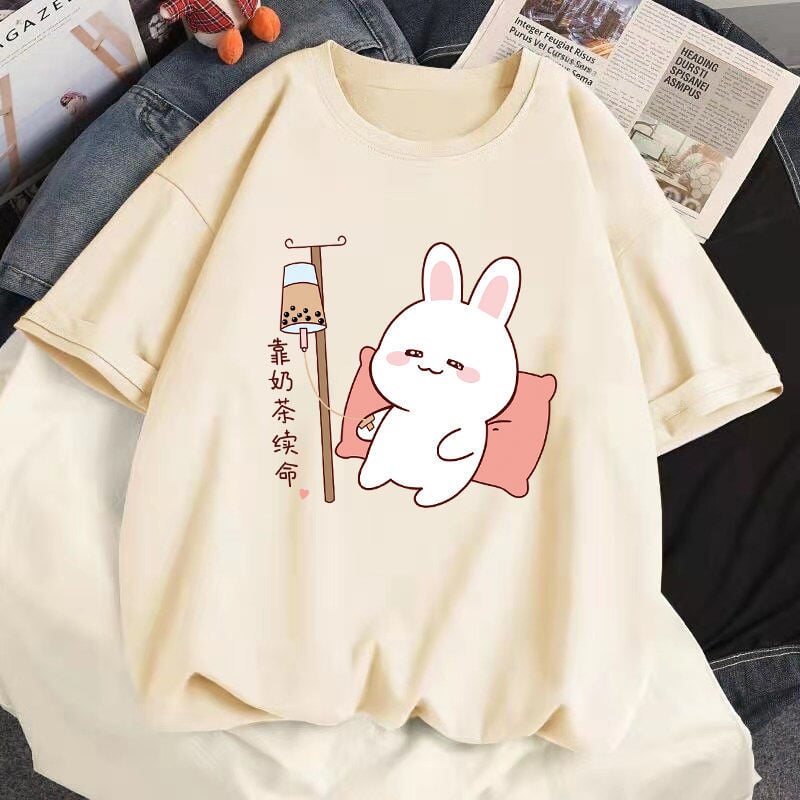 Kawaii Bunny Bubble Tea Drip Cotton Women's Tee - Kawaiies - Adorable - Cute - Plushies - Plush - Kawaii