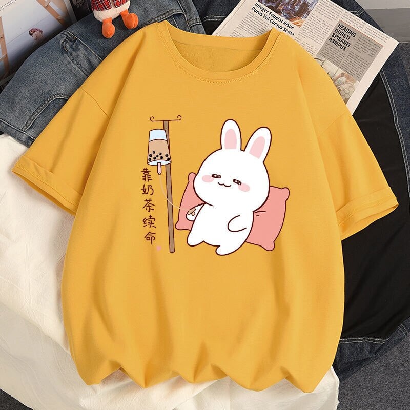 Kawaii Bunny Bubble Tea Drip Cotton Women's Tee - Kawaiies - Adorable - Cute - Plushies - Plush - Kawaii
