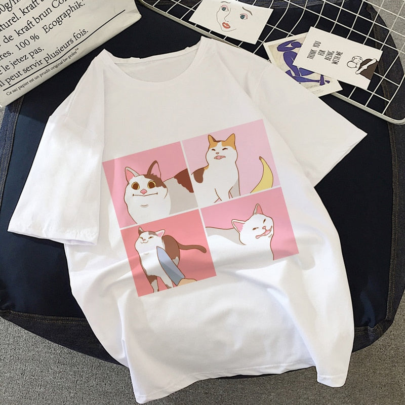 Kawaii Cartoon Cats Meme Women's Tee Tops - Kawaiies - Adorable - Cute - Plushies - Plush - Kawaii