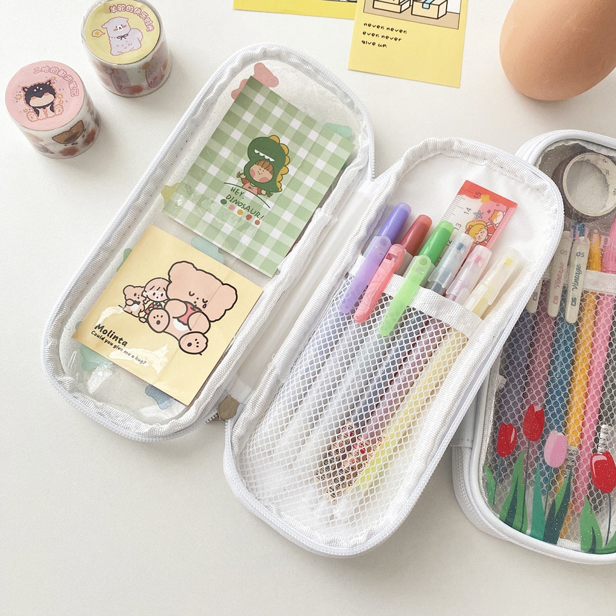 Cute Kawaii Teddy Bear Transparent Mesh Pencil Case - Peachymart