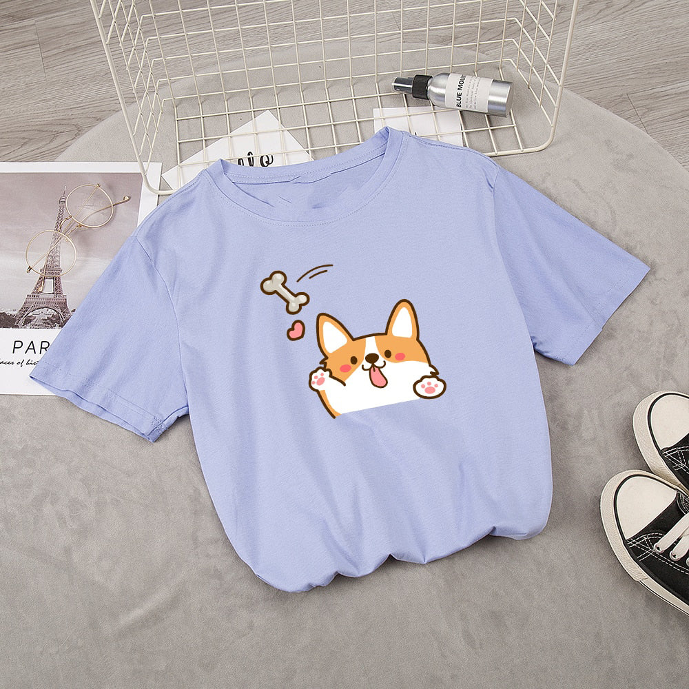 Kawaii Corgi Dog Bone Print Women's Tee - Kawaiies - Adorable - Cute - Plushies - Plush - Kawaii