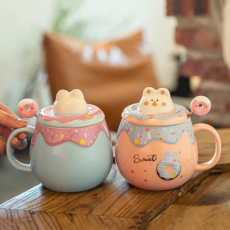 Kawaii Donut Bunny Ceramic Mug With Lid + Spoon – Kawaiies