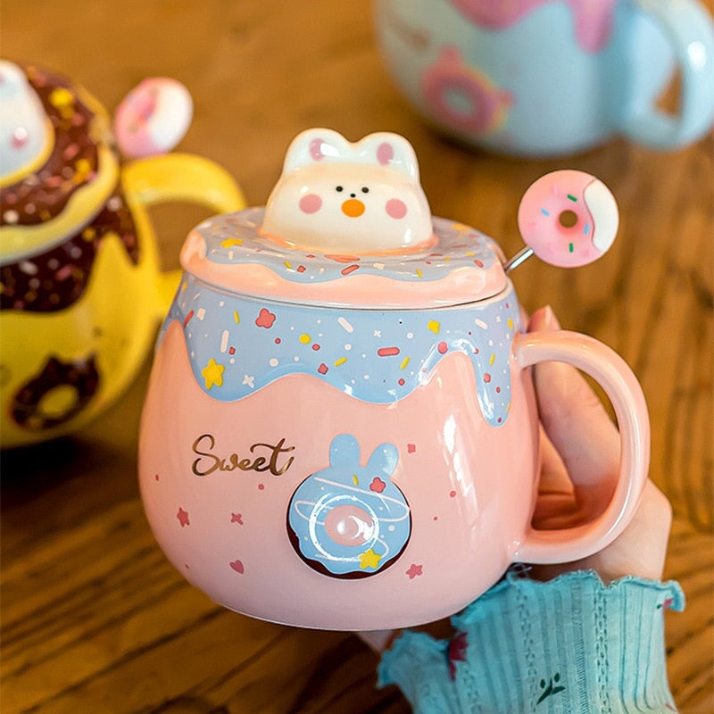 Kawaii Donut Bunny Ceramic Mug With Lid + Spoon - Kawaiies - Adorable - Cute - Plushies - Plush - Kawaii