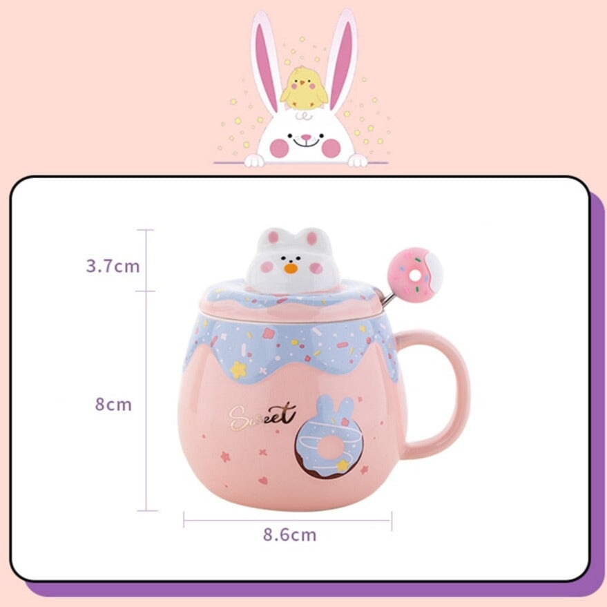 Kawaii Donut Bunny Ceramic Mug With Lid + Spoon - Kawaiies - Adorable - Cute - Plushies - Plush - Kawaii