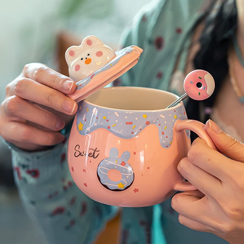 Kawaii Donut Bunny Ceramic Mug With Lid + Spoon - Kawaiies - Adorable - Cute - Plushies - Plush - Kawaii