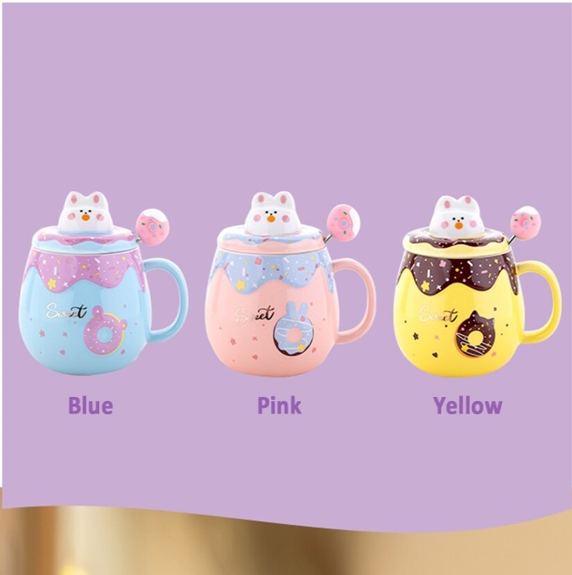 Kawaii Donut Bunny Ceramic Mug With Lid + Spoon - Kawaiies - Adorable - Cute - Plushies - Plush - Kawaii