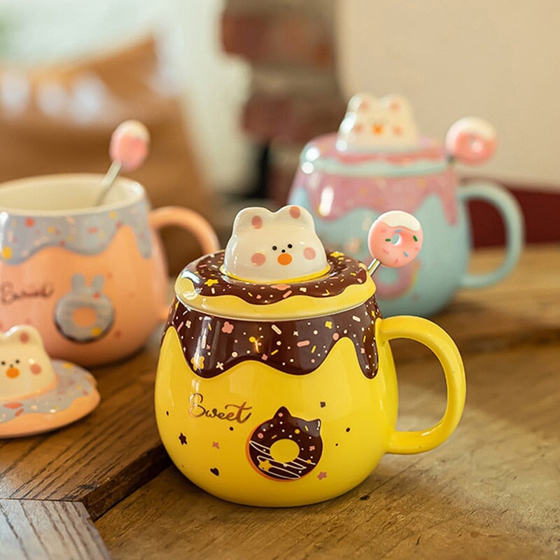 Kawaii Donut Bunny Ceramic Mug With Lid + Spoon - Kawaiies - Adorable - Cute - Plushies - Plush - Kawaii