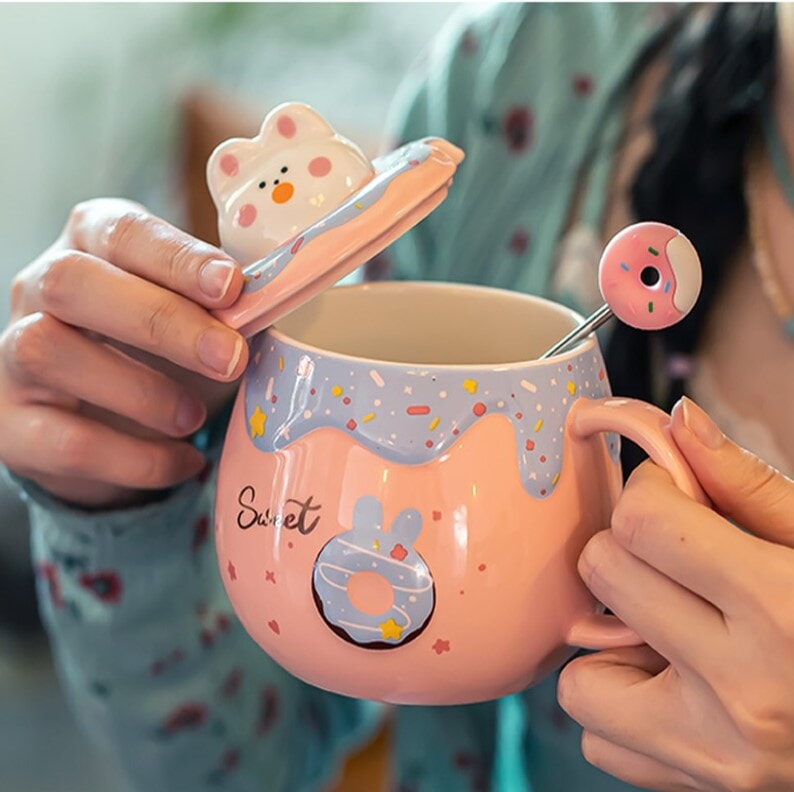 Kawaii Donut Bunny Ceramic Mug With Lid + Spoon - Kawaiies - Adorable - Cute - Plushies - Plush - Kawaii