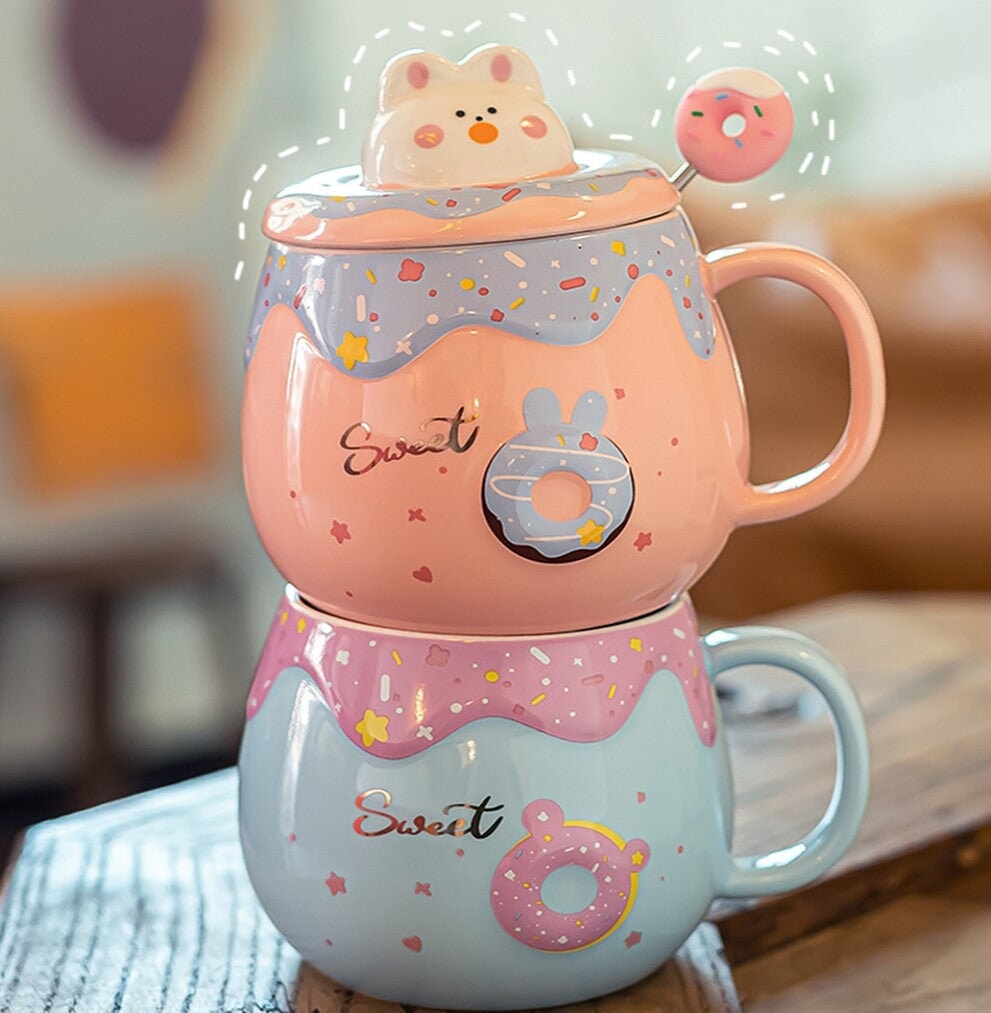 Kawaii Donut Bunny Ceramic Mug With Lid + Spoon - Kawaiies - Adorable - Cute - Plushies - Plush - Kawaii