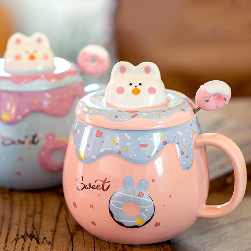 Kawaii Donut Bunny Ceramic Mug With Lid + Spoon