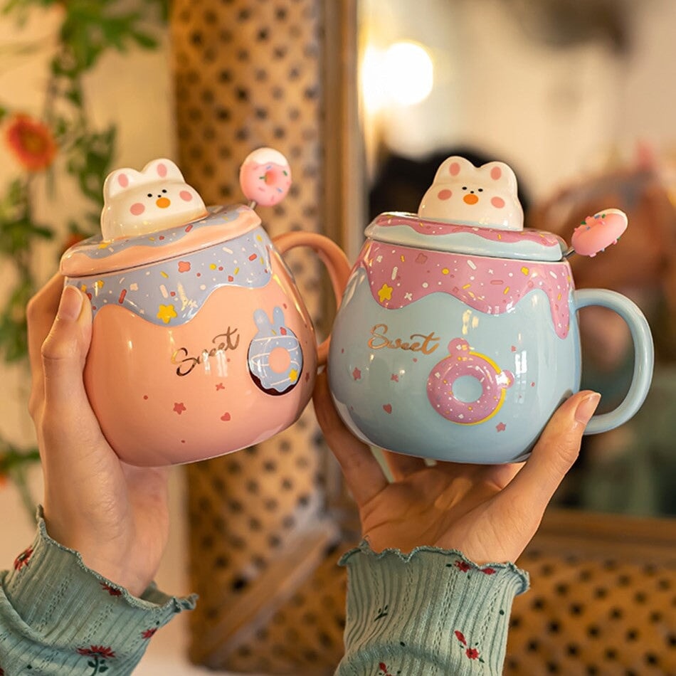 Kawaii Donut Bunny Ceramic Mug With Lid + Spoon - Kawaiies - Adorable - Cute - Plushies - Plush - Kawaii