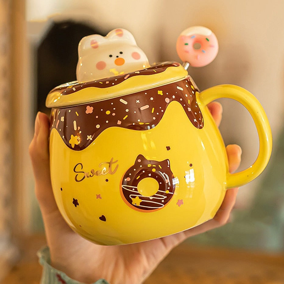 Kawaii Donut Bunny Ceramic Mug With Lid + Spoon - Kawaiies - Adorable - Cute - Plushies - Plush - Kawaii