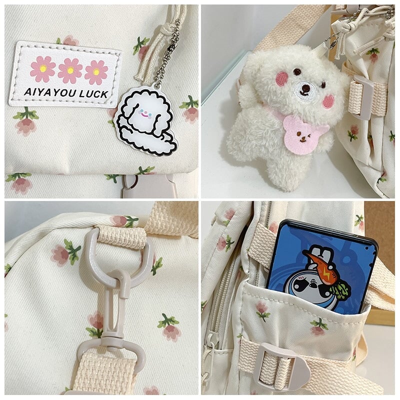 kawaiies-softtoys-plushies-kawaii-plush-Kawaii Floral Petite Small Backpack with Plush Pendant | NEW Apparel 