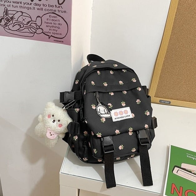 kawaiies-softtoys-plushies-kawaii-plush-Kawaii Floral Petite Small Backpack with Plush Pendant | NEW Apparel Black 
