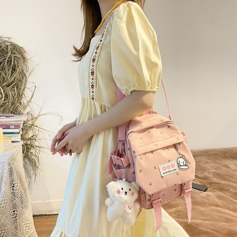 kawaiies-softtoys-plushies-kawaii-plush-Kawaii Floral Petite Small Backpack with Plush Pendant | NEW Apparel Pink 