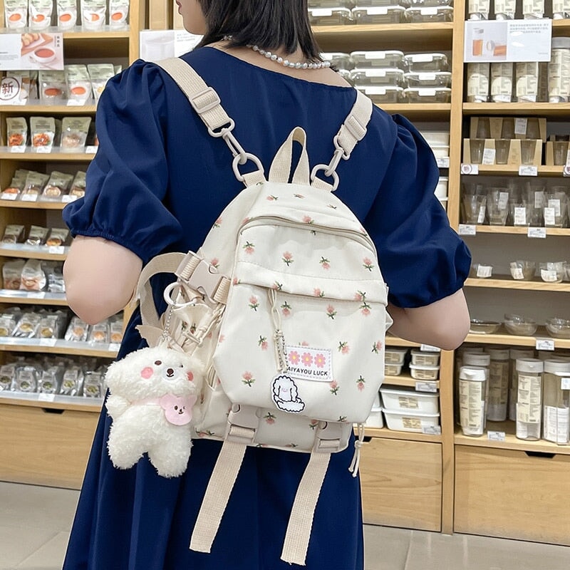 kawaiies-softtoys-plushies-kawaii-plush-Kawaii Floral Petite Small Backpack with Plush Pendant | NEW Apparel White 