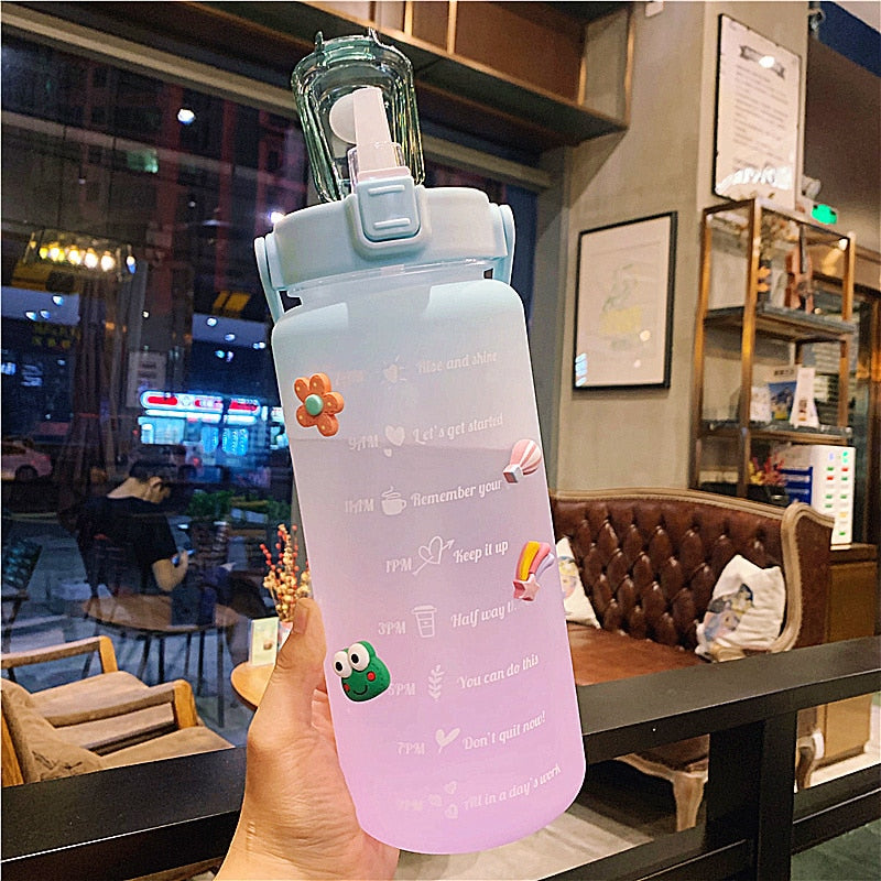 Kawaii Jumbo Plastic 2000ml Water Bottle With Time Marker & Straw - Kawaiies - Adorable - Cute - Plushies - Plush - Kawaii