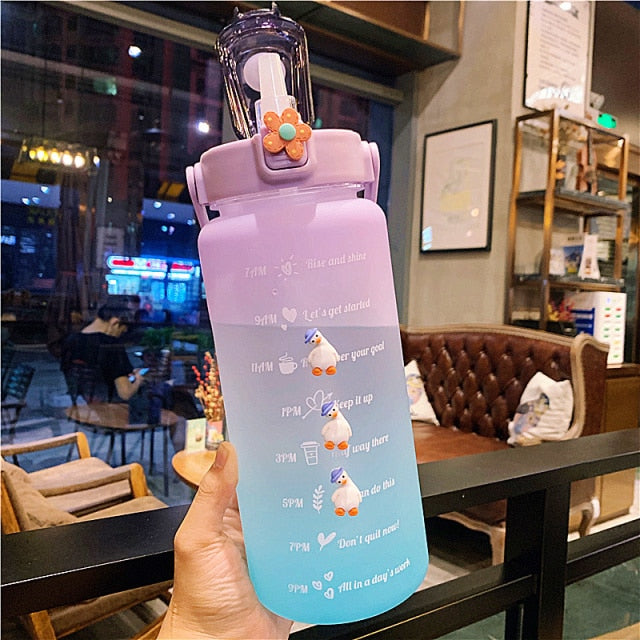 Kawaii Jumbo Plastic 2000ml Water Bottle With Time Marker & Straw - Kawaiies - Adorable - Cute - Plushies - Plush - Kawaii