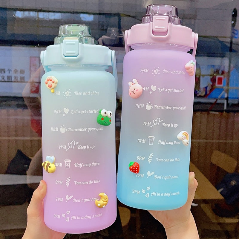 Kawaii Jumbo Plastic 2000ml Water Bottle With Time Marker & Straw - Kawaiies - Adorable - Cute - Plushies - Plush - Kawaii