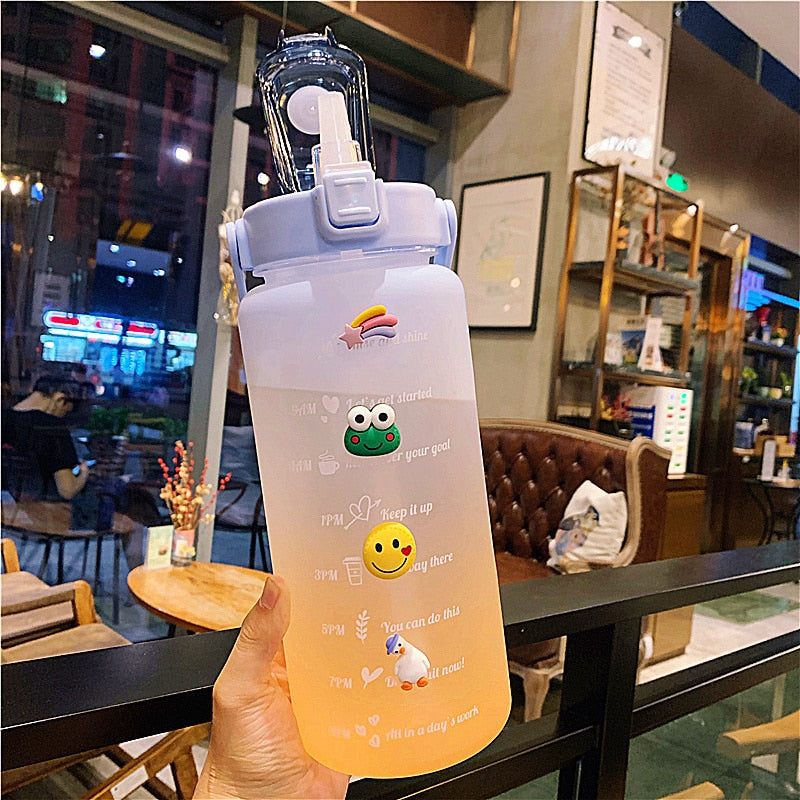 Kawaii Jumbo Plastic 2000ml Water Bottle With Time Marker & Straw - Kawaiies - Adorable - Cute - Plushies - Plush - Kawaii