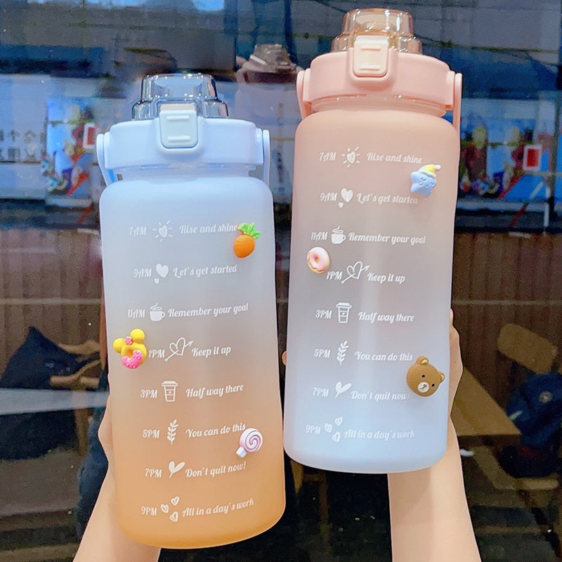 Kawaii Jumbo Plastic 2000ml Water Bottle With Time Marker & Straw - Kawaiies - Adorable - Cute - Plushies - Plush - Kawaii