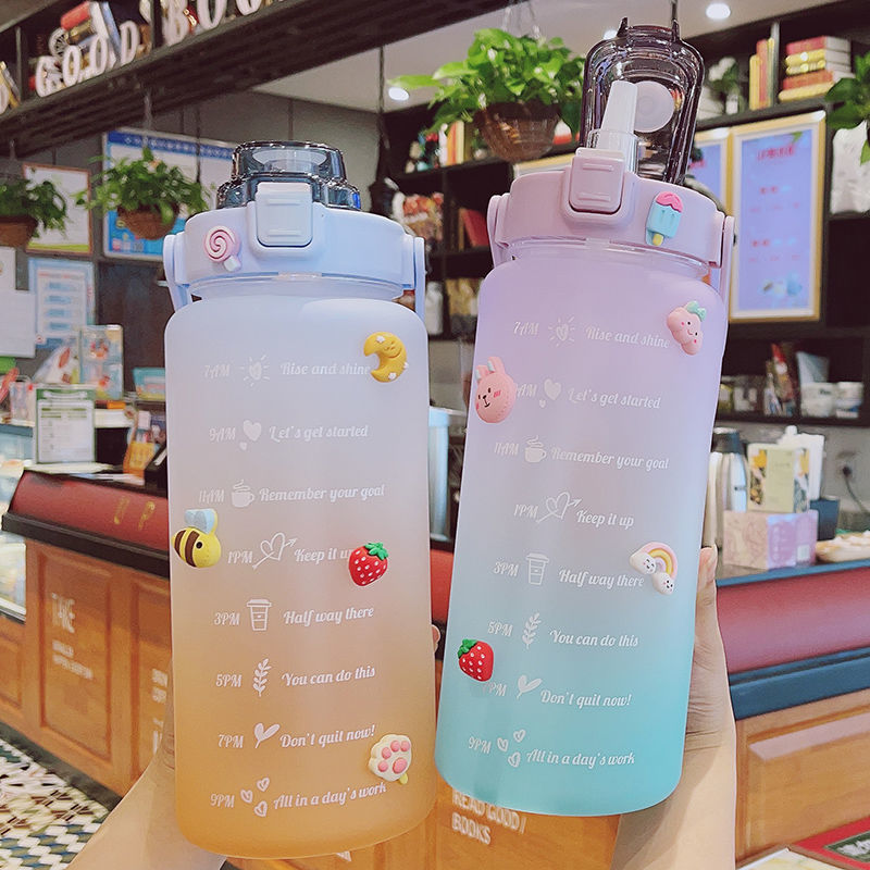 Kawaii Jumbo Plastic 2000ml Water Bottle With Time Marker & Straw - Kawaiies - Adorable - Cute - Plushies - Plush - Kawaii