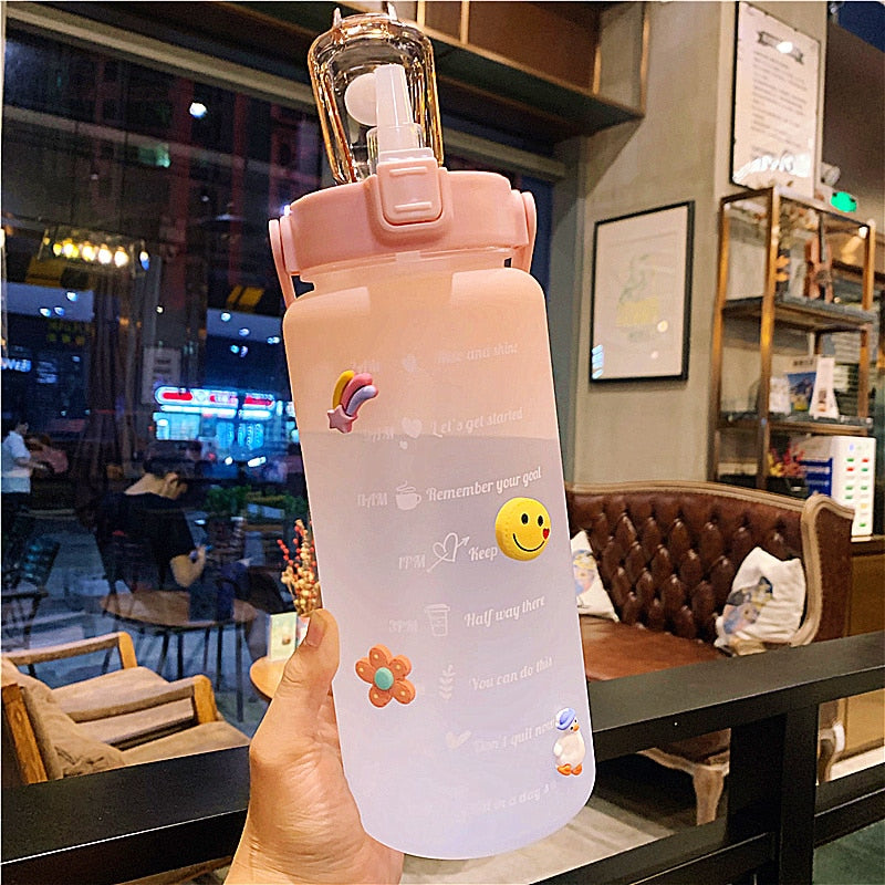 Kawaii Jumbo Plastic 2000ml Water Bottle With Time Marker & Straw - Kawaiies - Adorable - Cute - Plushies - Plush - Kawaii