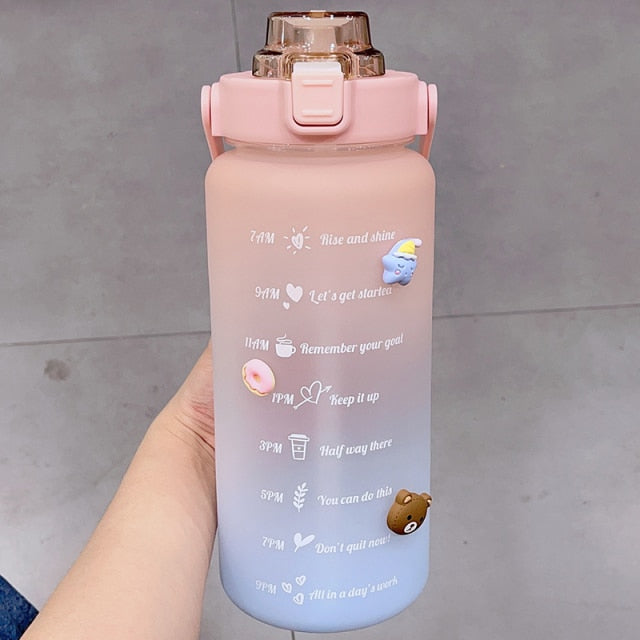 Kawaii Jumbo Plastic 2000ml Water Bottle With Time Marker & Straw