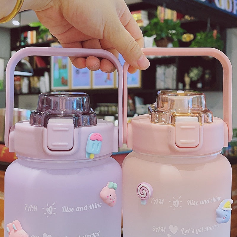 Kawaii Jumbo Plastic 2000ml Water Bottle With Time Marker & Straw - Kawaiies - Adorable - Cute - Plushies - Plush - Kawaii