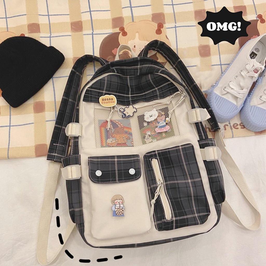 Kawaii Large Checked Multi-Pocket Backpack - Kawaiies - Adorable - Cute - Plushies - Plush - Kawaii