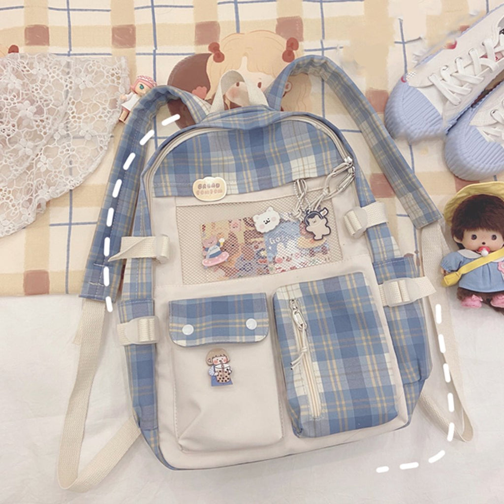 Kawaii Large Checked Multi-Pocket Backpack - Kawaiies - Adorable - Cute - Plushies - Plush - Kawaii