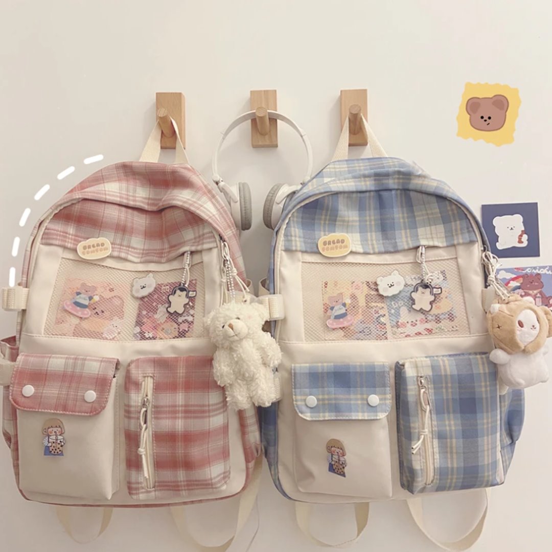 Kawaii Plaid Furry Bagpack Checkered Mini Fluffy Backpack For