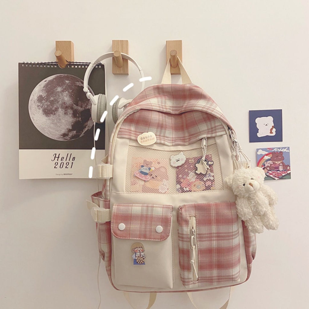 Kawaii Large Checked Multi-Pocket Backpack - Kawaiies - Adorable - Cute - Plushies - Plush - Kawaii