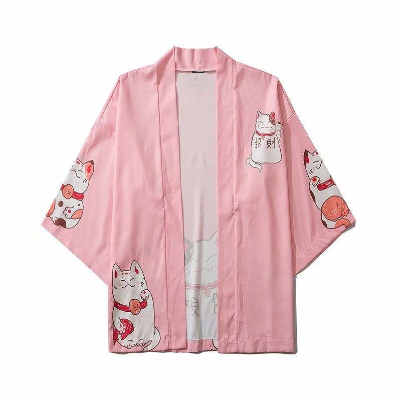 Kawaii Lucky Cat Black Pink Japanese Short Kimono - Kawaiies - Adorable - Cute - Plushies - Plush - Kawaii