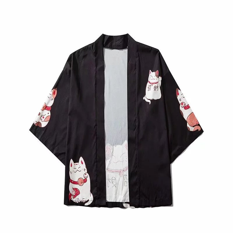 Kawaii Lucky Cat Black Pink Japanese Short Kimono - Kawaiies - Adorable - Cute - Plushies - Plush - Kawaii